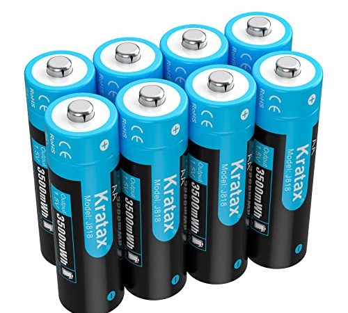 Kratax Wiederaufladbare 1,5V AA Lithium Akku, 1,5V Konstanter Ausgang, 3500mWh und 1600 Mal Langer Zyklus, 8 Stücke Lithium AA Akku