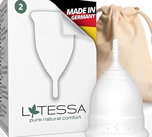 LATESSA® Menstruationstasse, Test sehr gut, Made in Germany, Mestruationscup, period menstrual cup, Periodentasse, Menstruation, Beutel a. Biobaumwolle, Alternative ob Softtampons oder Binden, L groß