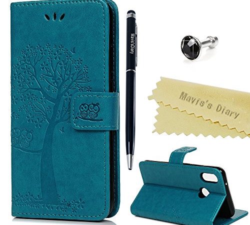 Mavis's Diary Huawei P20 Lite Hülle Case Eule Baum Muster Leder Tasche Handyhülle Flip Cover Schutzhülle Lederhülle Skin Ständer Schale Handytasche Bumper Magnetverschluss Klappbar Ledertasche-Blau