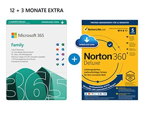 Microsoft 365 Family 12+3 Monate | 6 Nutzer | Mehrere PCs/Macs, Tablets & mobile Geräte | Download Code + NORTON 360 Deluxe | 5 Geräte |15 Monate mit Automatischer Verlängerung| Download Code