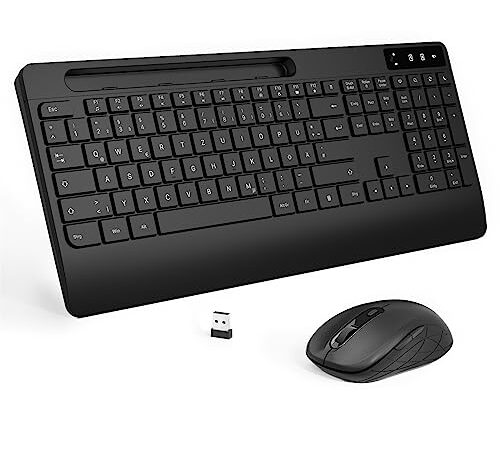 OMOTON Tastatur Maus Set Kabellos 2.4G, Leise Tastatur Kabellos mit Handballenauflage Maus mit 3 DPI, Wireless Keyboard Ergonomische mit 18 Funktionstasten, für Windows 11/10/8, QWERTZ Layout-Schwarz