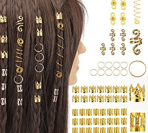 PAIRIER 61 Stück Dreadlock Braids Schmuck Haarschmuck Haarspiralen Ringe Clips Zöpfe Set Verstellbare Haarreifen für Frauen und Männer