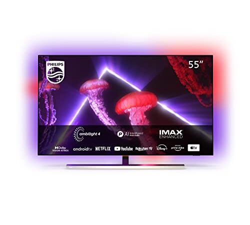 Philips 55OLED807 139 cm (55 Zoll) Fernseher (4K UHD, OLED, HDR10+, 120 Hz, Dolby Vision & Atmos, 4-seitiges Ambilight, Smart TV mit Google Assistant, Works with Alexa, Triple Tuner, Silber)