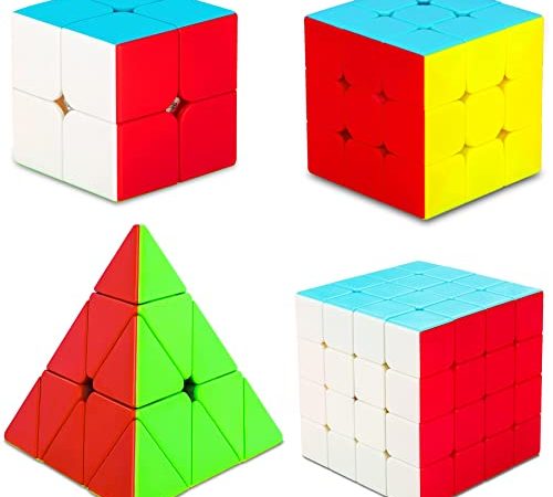 SISYS 4 Pack Zauberwürfel Set Speed Cube 2x2x2 + 3x3x3 + 4x4x4 + Pyraminx Pyramide Magic Puzzle Cubes Würfel Aufkleberlos Speedcube 3D Puzzle Spiele für Kinder Erwachsene