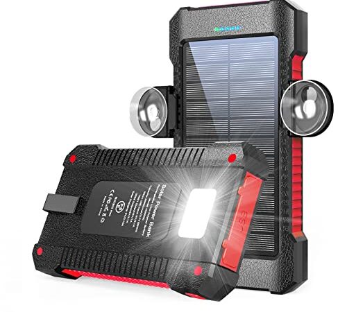 Solar Power Bank 26800mAh: Tragbares Ladegerät mit 2 USB Ausgängen, Externer Akku mit Taschenlampe Kompatibel für iPhone Samsung Huawei Xiaomi Tablets（Rot）