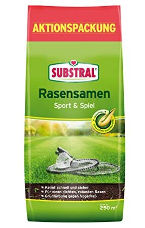 Substral Rasensamen Sport und Spiel, strapazierfähige Rasensaat-Mischung mit Grünfärbung gegen Vogelfraß, 5kg, 250m²