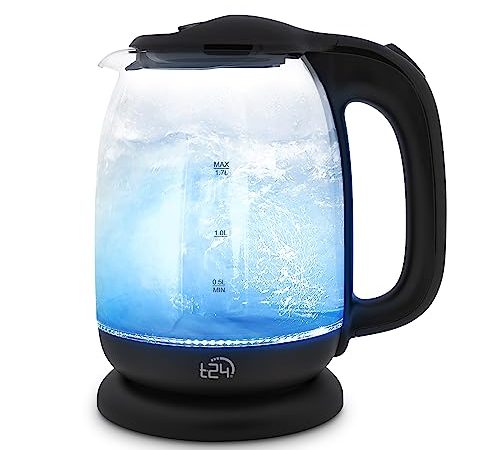 T24 LED Glas Wasserkocher 1,7 Liter mit LED-Beleuchtung, Wasserkocher Glas, Wasserkocher schwarz, kettle, Heißwasserspender, Electric kettle 2200W | TÜV Rheinland GS Zertifiziert