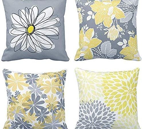 TOMMO 4er-Set Kissenbezug 40 cm x 40 cm Graues und gelbes modernes Gänseblümchen mit hübschem weißem Blumen-Handcouch-Sofa Dekoratives Kissenbezüge-Kissen Wohnkultur Quadrat 16 x 16 Zoll Kissenhülle