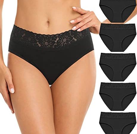 Wealurre Damen Unterhosen Spitze Slip Baumwolle Hipster Damen Höschen Unterwäsche Frauen im 5er Pack, Schwarz, L