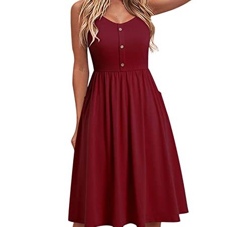 Yageshark Sommerkleid Damen Einfarbig Spaghetti Swing Strandkleid Knielang A-Linien Knopf Kleid Midikleid (Wein,Medium)