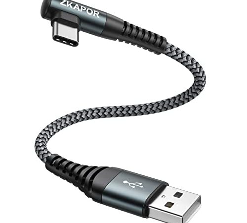 ZKAPOR USB C Kabel 90 Grad Winkel 30CM, Ladekabel USB C Nylon Geflochtenes Typ C Ladekabel Schnellladekabel für Samsung Galaxy S22 /S21 /S20 /S10 /S9, Huawei P30 /P20 /P10, Google Pixel, Sony –Grau