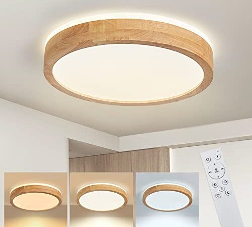 Baerolc LED Deckenleuchte Holz, 40CM Holz Deckenlampe dimmbar mit Fernbedienung, 32W 3000K-6000K Rund Deckenleuchte LED Rund Holz Lampe für Schlafzimmer/Büro/Küche/Kinderzimmer/Flur/Balkon…