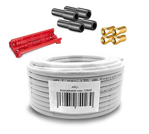 HD Sat Kabel 50 m Koaxialkabel 135 dB + Kabelmesser + 4 x F Stecker vergoldet + 4x Gummitülle Koaxial 5 fach geschirmt Satkabel TV Antennenkabel Koax 4K F-Stecker gold ARLI