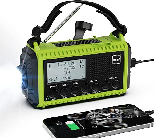 Kurbelradio DAB Radio, Baustellenradio mit Akku 5000mAh Wiederaufladbare, UKW/DAB Plus Radio, Akku Radio Notfall Ausrüstung mit LED Taschenlampe & Leseleuchte,SOS-Alarm für Camping, Blackout