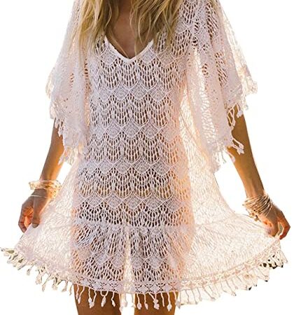 LATH.PIN Strandkleid Damen Sommer Spitze Gestrickte Strandponcho Kurz V-Ausschnitt Langarm Badeanzug Bikini Cover Up Sexy für Urlaub Strand